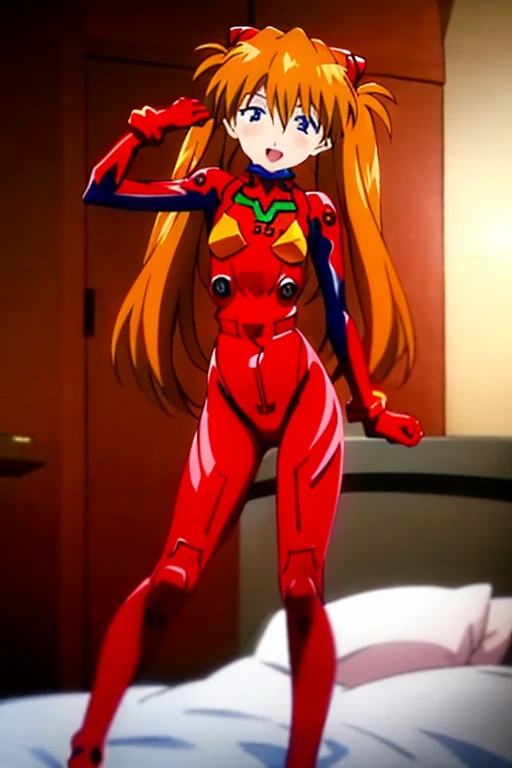 (( top quality)), ((masterpiece)), (be familiar with),  perfect face, indoor, bedroom,  watching viewers,
One woman,  Soryu Asuka Langley,
 open mouth,  with an ecstatic expression , blush, smile,
 small tits,  flat chested, Young girl, Lori,  s,  girl,
 long hair,  twin tails,
Leg spread,