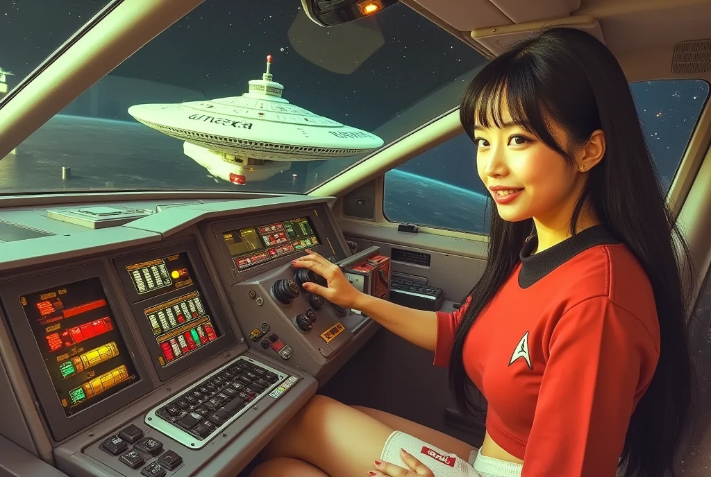 A cute woman pilots a shuttle (all the controls are big unlabeled colorful buttons) craft towards an enormous Federation space station ( the space station has no obvious engine, large radial spoked design, huge hangar bay, many levels, many windows some unlit) in deep space (60s star trek styling)
