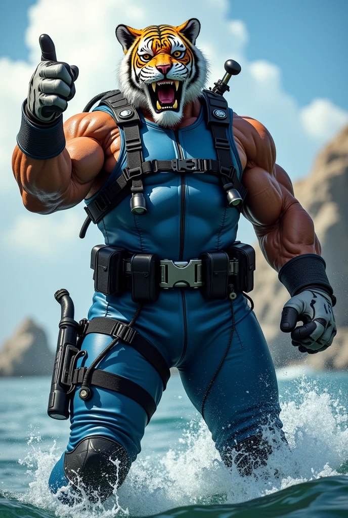 (A rugged beefy extremely muscular bulky angry old man), (wearing blue wetsuit), (wearing realistic roaring tiger mask), thumbs up pose,  wearing bulky scuba gear, muscular physique, toned muscles, fierce, heroic, action, comic artstyle, bulky best quality, wearing white combat gloves. wearing gun holster on left thighs, dynamic action pose, fierce expression, showcasing an imposing stature, powerful, best quality image, action-packed atmosphere, masterpiece. wearing bullets bandolier