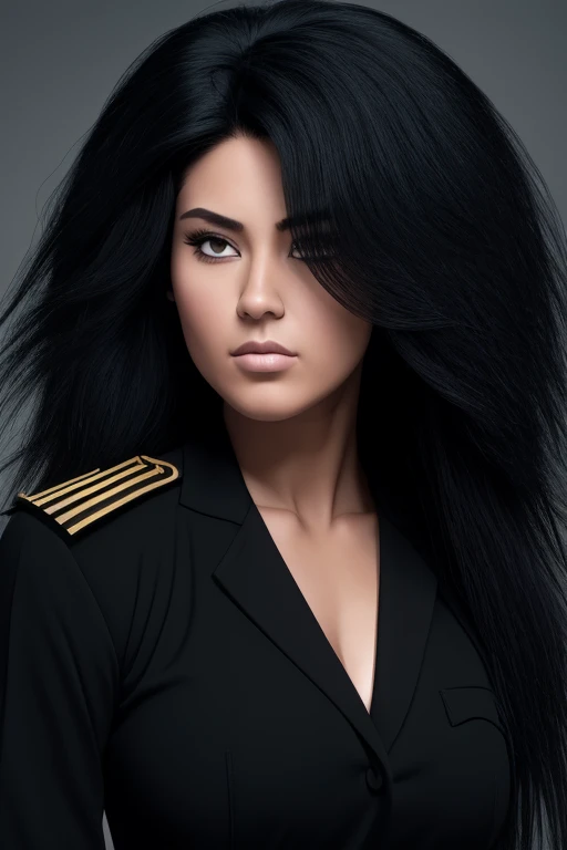 most very jet black hair,most very long hair,long wolf cut hairstyle,most very lion hair,most very wolf hair,most very frizzy hair,coarse hair,most very spread hairstyle,thick hair,fluffy hair,most very heavy weight hair,high ponytail hairstyle,heavy looking hairstyle,most very voluminous hair,shiny jet black hair,woman's hair is covering all right eye,female jail officer,black uniform,a heavy-looking uniform,black pants,tall woman,1 Japanese woman,woman's height 2.3m,most very strong face,most very angry face,black eyes,very close-up to face,most very muscle body,most very beautiful face,show more hair,high resolution,green background