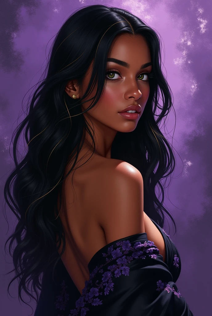hazy dnd rpg style full body high detail fantasy portrait oil painting illustration of a mysterious quiet powerful rude young  beautiful mean looking away quiet mystery beautiful indian arab exotic golden brown skinned woman face, in a beautiful scenic background, almond purple eyes, straight extremely curly 3c curly long black ebony  hair, acotar fae , high quality, sombre mood, muted colours, entire person visible! , dainty face dreamy ethereal sexy short silk black dress sexy big breasts mysterious  long straight hair dreamy ethereal dark aesthetic 