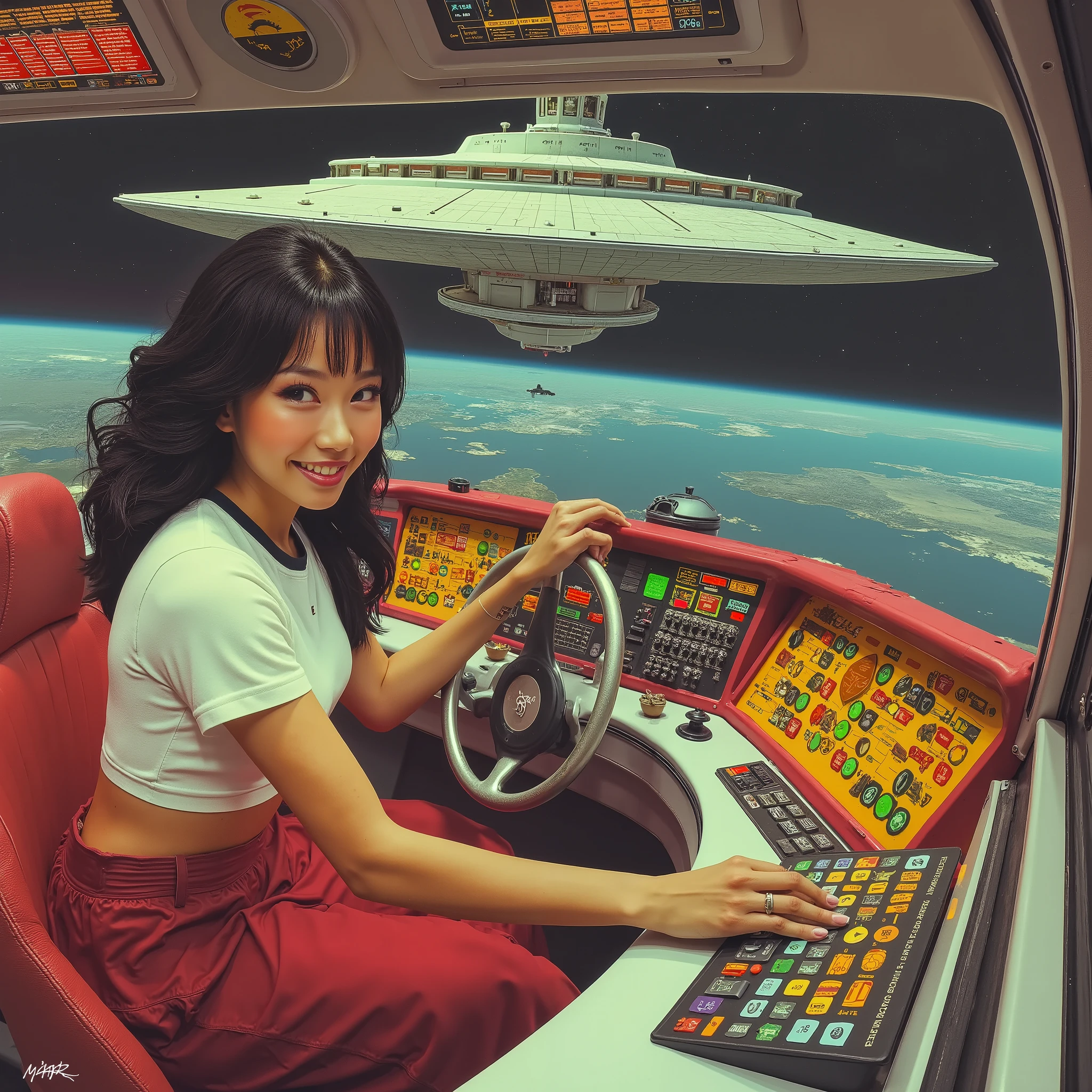 A cute woman pilots a shuttle (all the controls are big unlabeled colorful buttons) craft towards an enormous Federation space station ( the space station has no obvious engine, large radial spoked design, huge hangar bay, many levels, many windows some unlit) in deep space (60s star trek styling)
