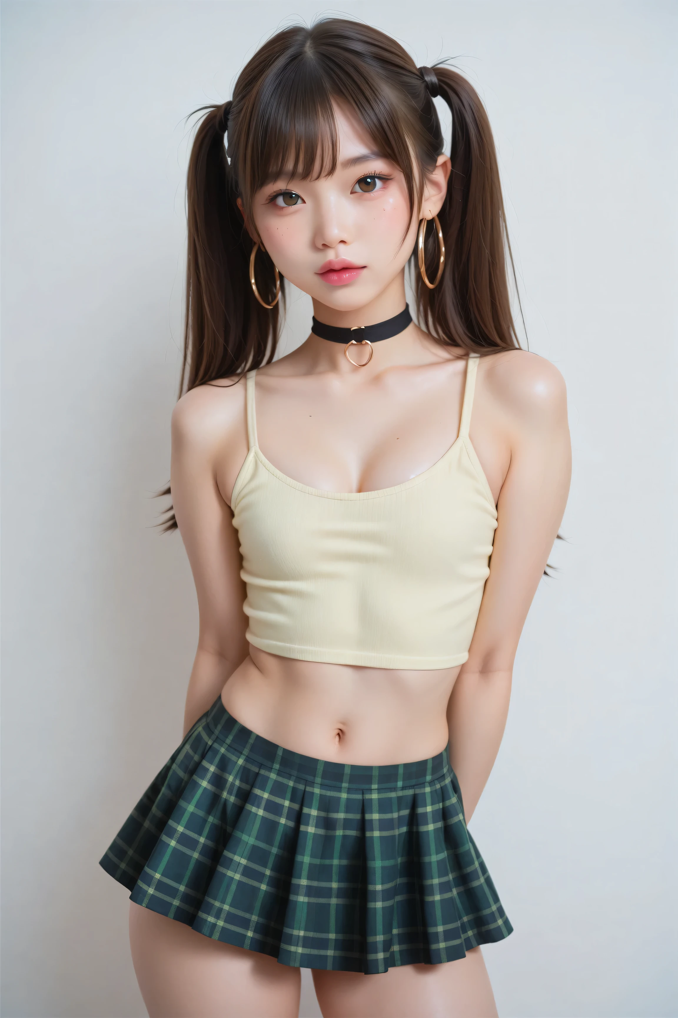 1girl, sexy asian girl, pigtails, cute face, gorgeous, cute, pretty, pretty face, pale skin, freckles, green hair, gold eyes, full shiny lips, big lips, thick lips, parted lips, light pink lipgloss, mascara, skinny thighs, body, , innocent look, young face, black choker, large hoop earrings, green and gold plaid micro skirt, off shoulders gold tank top, arms behind back, small breasts, cleavage, black background,