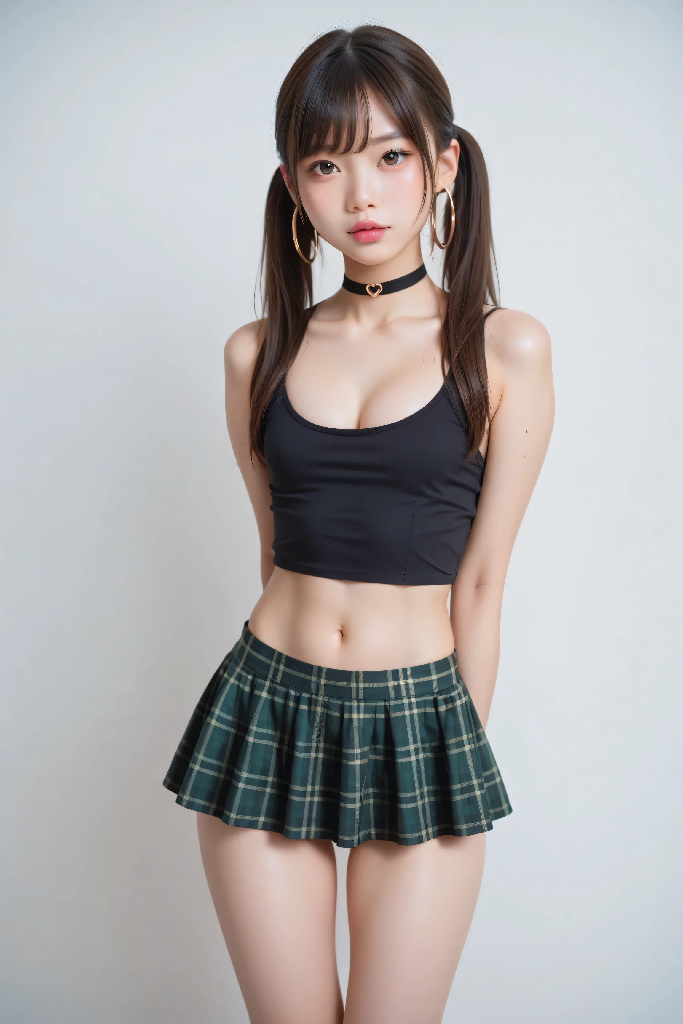 1girl, sexy asian girl, pigtails, cute face, gorgeous, cute, pretty, pretty face, pale skin, freckles, green hair, gold eyes, full shiny lips, big lips, thick lips, parted lips, light pink lipgloss, mascara, skinny thighs, body, , innocent look, young face, black choker, large hoop earrings, green and gold plaid micro skirt, off shoulders gold tank top, arms behind back, small breasts, cleavage, black background,