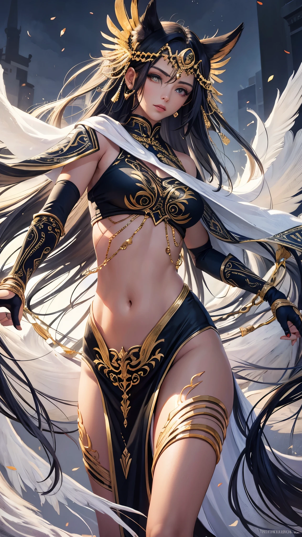 ((Best quality)), ((masterpiece)), (detailed: 1.4), crysis nanosuit, square chin, Guweiz-style art, Guweiz, beautiful character painting, Guweiz in Artstation Pixiv, Guweiz in Pixiv ArtStation, beautiful digital art, Wlop Rossdraws, Guweiz masterpiece, (Absurd), Thin woman airplane pilot, Egyptian ready for war, perfect body, dark skin, Tutankhamun mask, (((Hemhem crown on head, Style of a triple Atef))), (((Khat))), (((defined muscles, half-thick bare thighs, mouth closed, only in panties, muscular body covered in technological clothing, Neon Genesis Evangelion style, cyberpunk, ((Sphinx)), (Cleopatra), head covered by an Egyptian ornament in the shape of a golden eagle wing, ((perfect medium breasts)), (white eyes without pupils), (((black, silver and red clothing)), (((long black straight hair with heavy bangs on the forehead))), (Egyptian ornaments), ((hieroglyphics on the arms)), short underwear, garter belt, by mucha, niji --V5, close to real, psychopathic, crazy face, sexy pose, background with a sphinx, 2 piece clothing, pastel, centered, scale to fit dimensions, HDR (High Dynamic Range),Ray Tracing,NVIDIA RTX,Super-Resolution,Unreal 5,Subsurface dispersion, PBR texture, Post-processing, Anisotropic filtering, Depth of field, Maximum clarity and sharpness, Multilayer textures, Albedo and specular maps, Surface shading, Accurate simulation of light-material interaction, Perfect proportions, Octane Render, Two-tone lighting, Wide aperture, Low ISO, White balance, Rule of thirds, 8K RAW