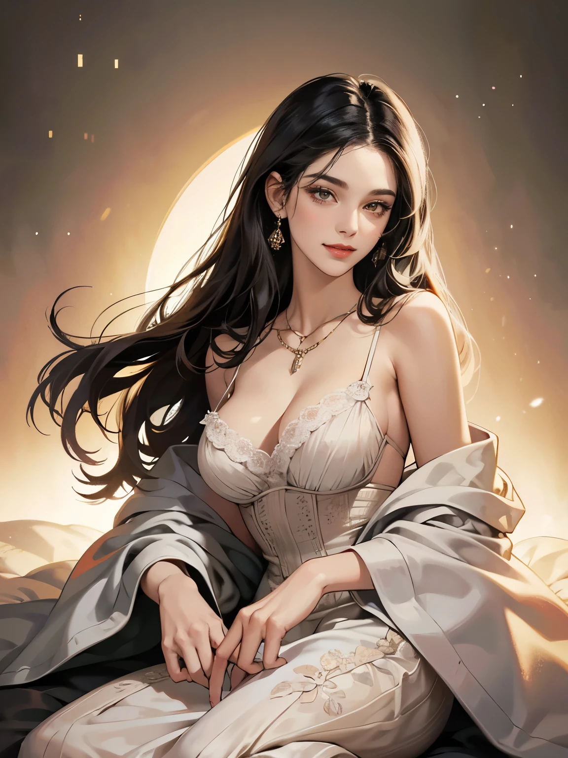 1 adult empress wearing a red lace top, deep-breasted nightgown, Chinese-style clothes, ancient costumes with many phoenix patterns, flawless pink and white face, crowned head, hip-length black hair , very beautiful and sharp brown eyes, small red lips, painted lips, closed mouth, jewelry worn around the neck, earrings, white and even teeth, high nose, big round breasts, the girl's body is covered with water on chest, long legs, thin mesh black socks, portrait, most realistic, highest quality, best pixels, 8k ultra , (clear super big moon background: 1.8)