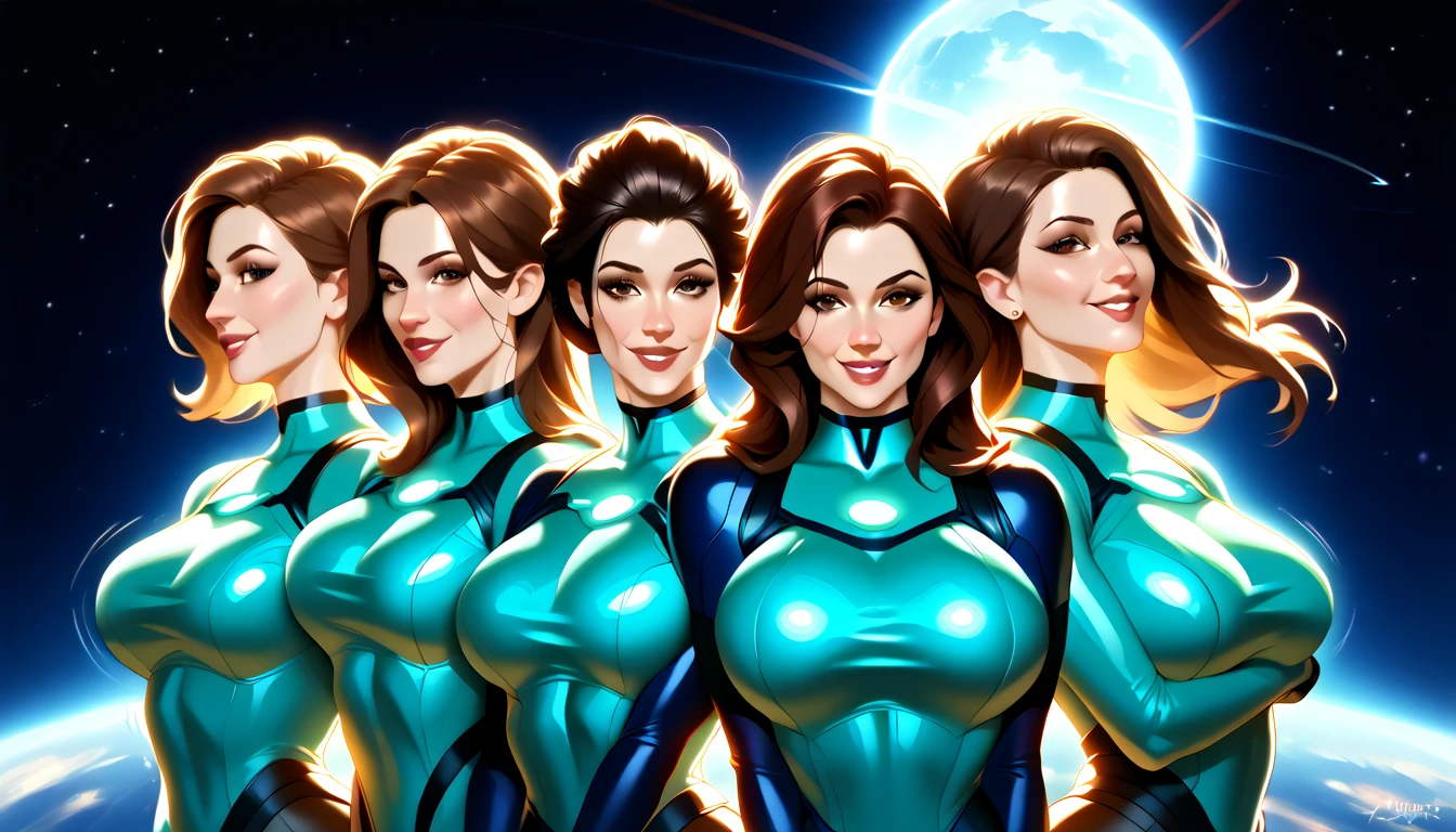 A hyperrealist photo of the five Starfleet captains, large breasts, with incredibly detailed textures, lifelike lighting, and photographic accuracy. Hyper-realistic, vibrant colors, 16k