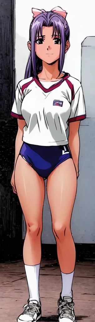 Momoko Koigakubo, a tall girl with beautiful legs, is wearing white gym clothes and light navy blue bloomers that look like panties, and is standing with her legs spread wide and smiling.。