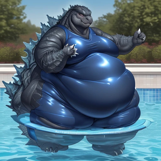 (solo:1.5) A fat muscular godzilla, (cocky attitude:1.65), (tight blue swimming suit:1.4), (morbidly obese:1.4), (his body is growing heavier and fatter:1.65), (patting his belly:1.5), (godzilla is in a swimming pool:1.75), (full shot:1.3), 8k, 1080P, masterpiece,