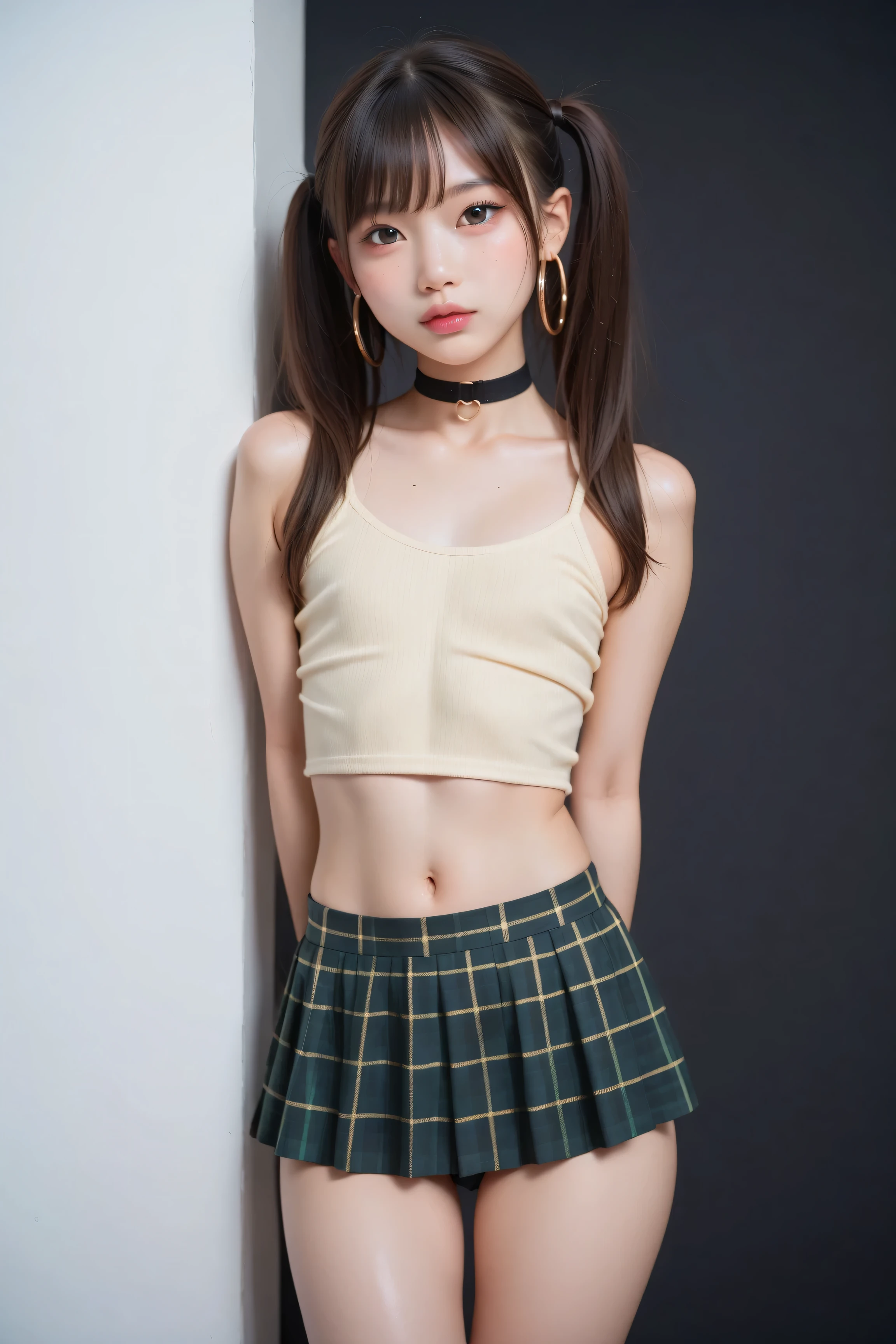 1girl, sexy young asian girl, petite, pigtails, cute face, gorgeous, cute, pretty, pretty face, pale skin, freckles, green hair, gold eyes, full shiny lips, big lips, thick lips, parted lips, light pink lipgloss, mascara, skinny thighs, slender body, innocent look, young face, black choker, large hoop earrings, green and gold plaid micro skirt, off shoulders gold tank top, arms behind back, flat chest, black background,