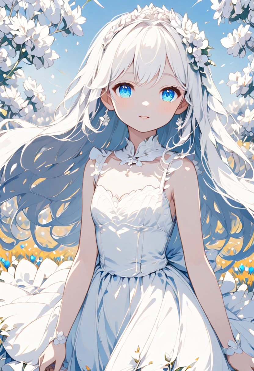 A petite girl with white hair, blue eyes, wearing a long white wedding dress and walking in the middle of a flower field 