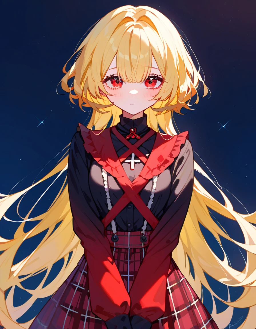 girl,Yellow hair, in red eyes ,Blue and red eyes,In a criss-cross , Black Eyelet ,ผมtwinstails hair,Gui Gangster , Long Sleeve Shirt,Gothic,Plaid skirt,cool,Shy,Shy Blouse 