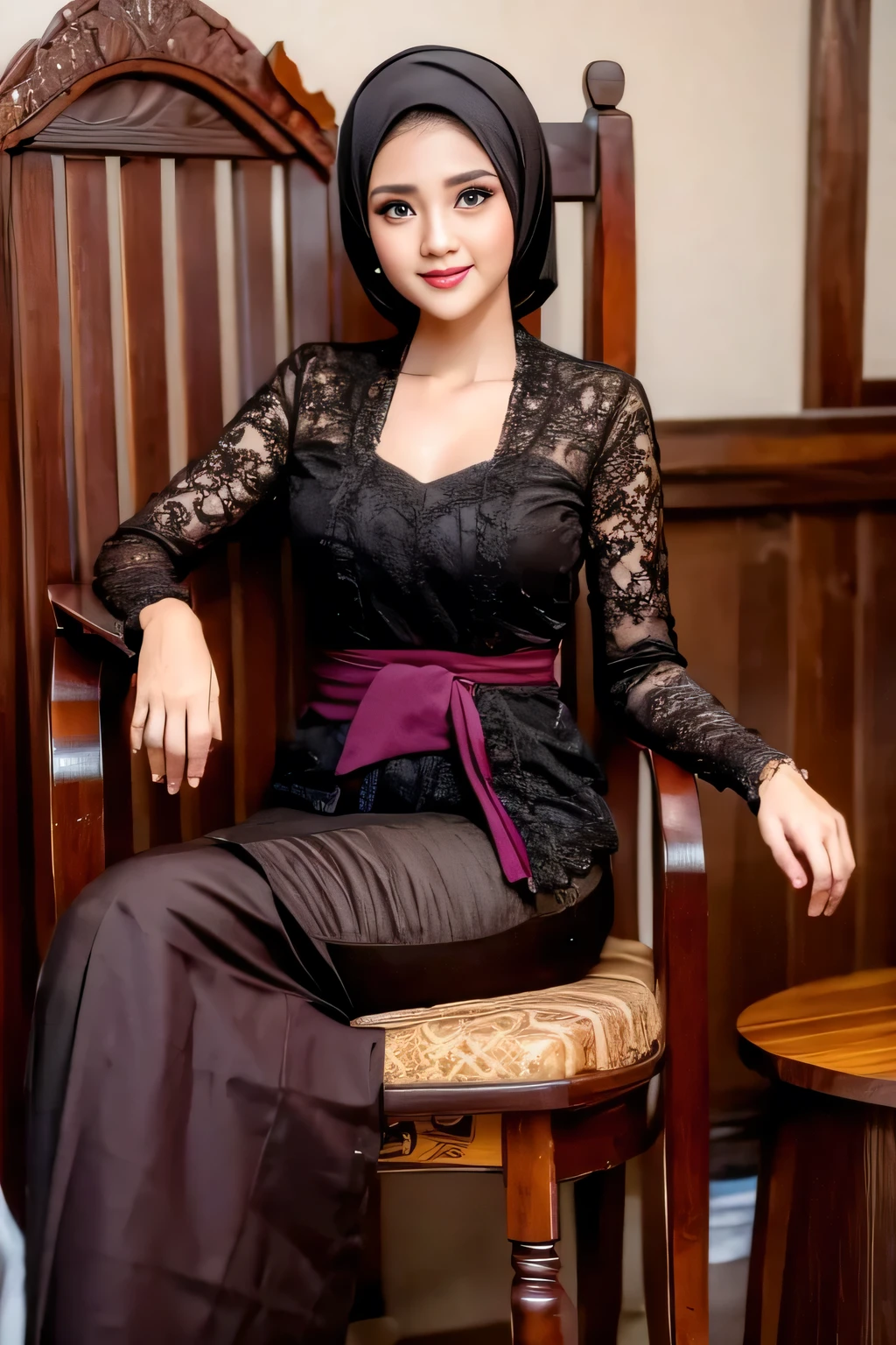 1 girl, indonesian dark color kebaya, sit on wooden chair, detailed eyes, most beautiful girl, crossing legs