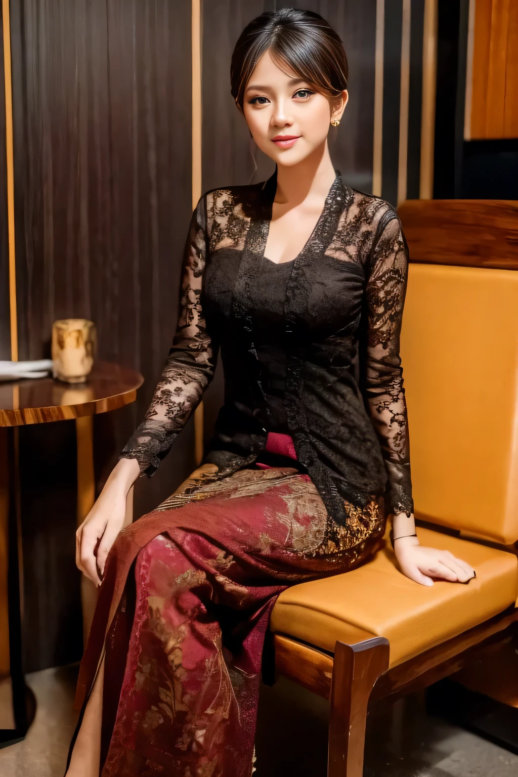 1 girl, indonesian dark color kebaya, sit on wooden chair, detailed eyes, most beautiful girl, crossing legs