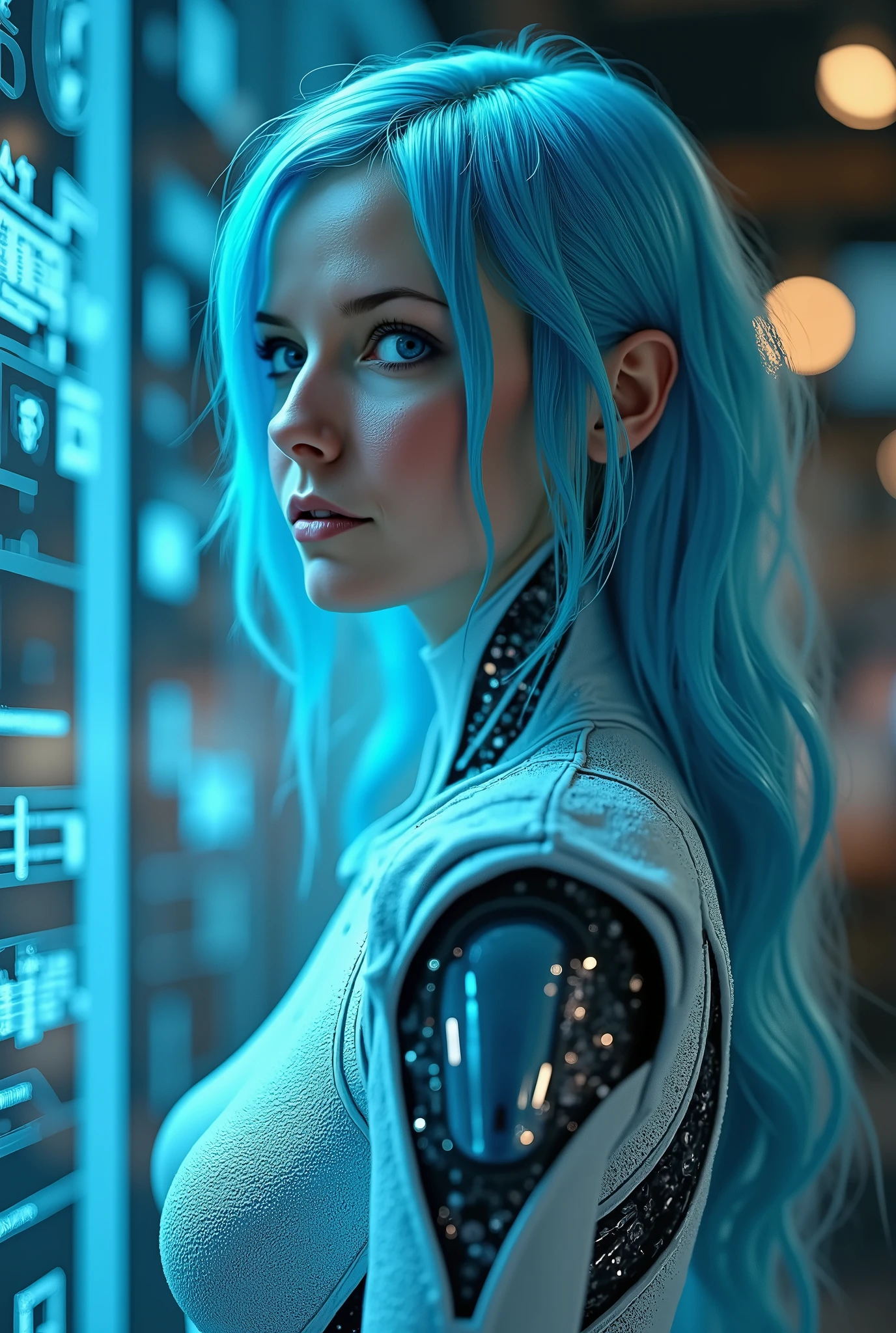 ( masterpiece:1.2, Exceptional quality ,mirror-smooth,Cinematic experience, photorealistic:2.0, Raw photos :2.0, super detailed ),8k,Mat,( represent blueprints through holograms :2.0),(beautiful woman:2.0), female cyborg ,( female cyborg の設計図:2.0),(Draw the back view :2.0),(Avantgardistisches Design:2.0),( draw detailed blueprints :2.0),( Numerous notes about the settings:2.0),( nice face,beautiful eyes,Beautiful light blue hair)