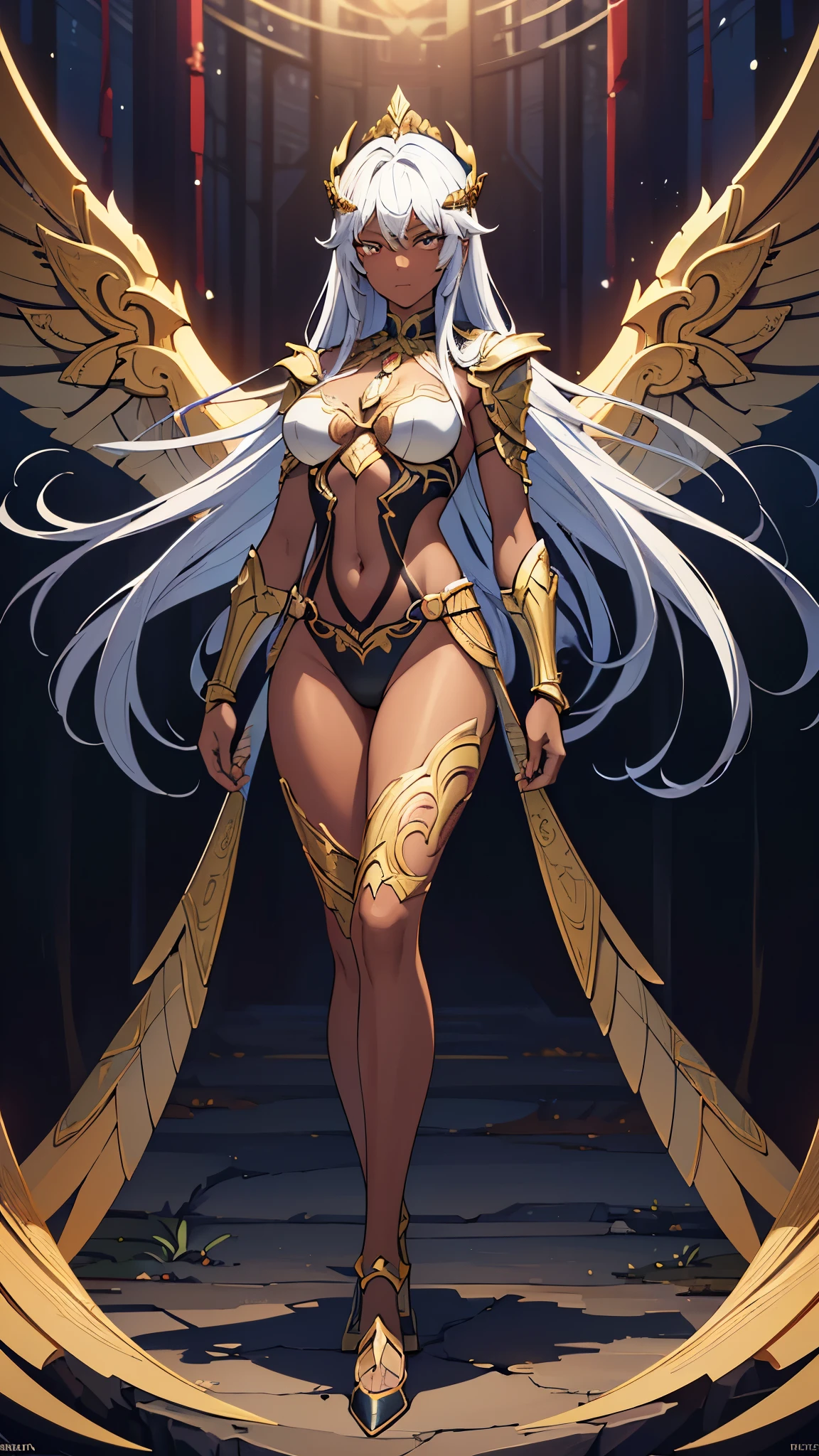 (( top quality)),( super high resolution),( super detailed),( detailed description ),(( best CG )),( Best Artwork ),Ultra-detailed art, Amazing Painted Art ,( Art with Exquisite Details :1.5), Dark-skinned Female Warrior , Amazoness, Highly Exposed Scalelight Armor,  wing circlet, White blade, brave and brave ,  Full Body Tattoos , 　dense tropical forest 