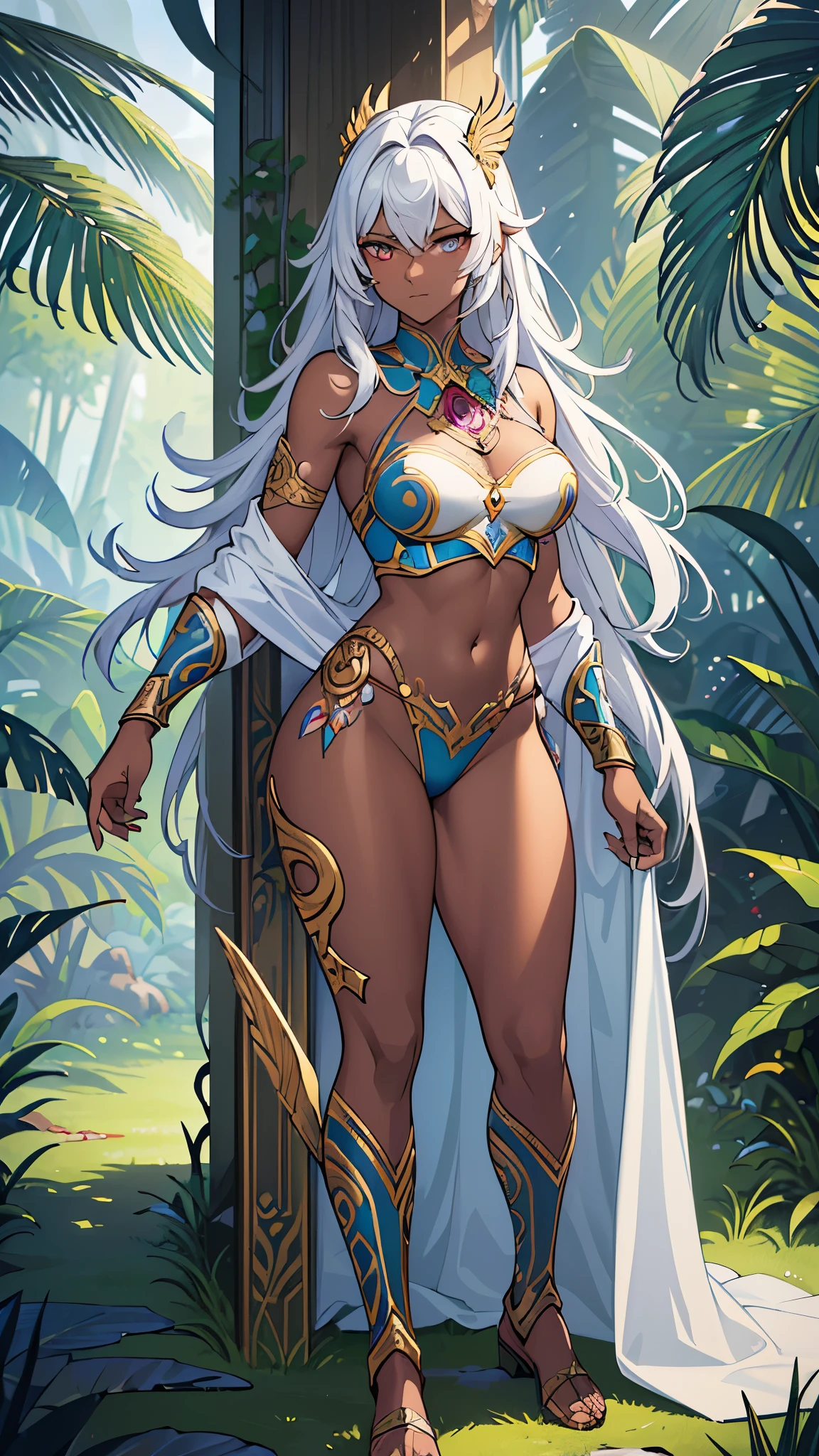 (( top quality)),( super high resolution),( super detailed),( detailed description ),(( best CG )),( Best Artwork ),Ultra-detailed art, Amazing Painted Art ,( Art with Exquisite Details :1.5), Dark-skinned Female Warrior , Amazoness, Highly Exposed Scalelight Armor,  wing circlet, White blade, brave and brave ,  Full Body Tattoos , 　dense tropical forest 