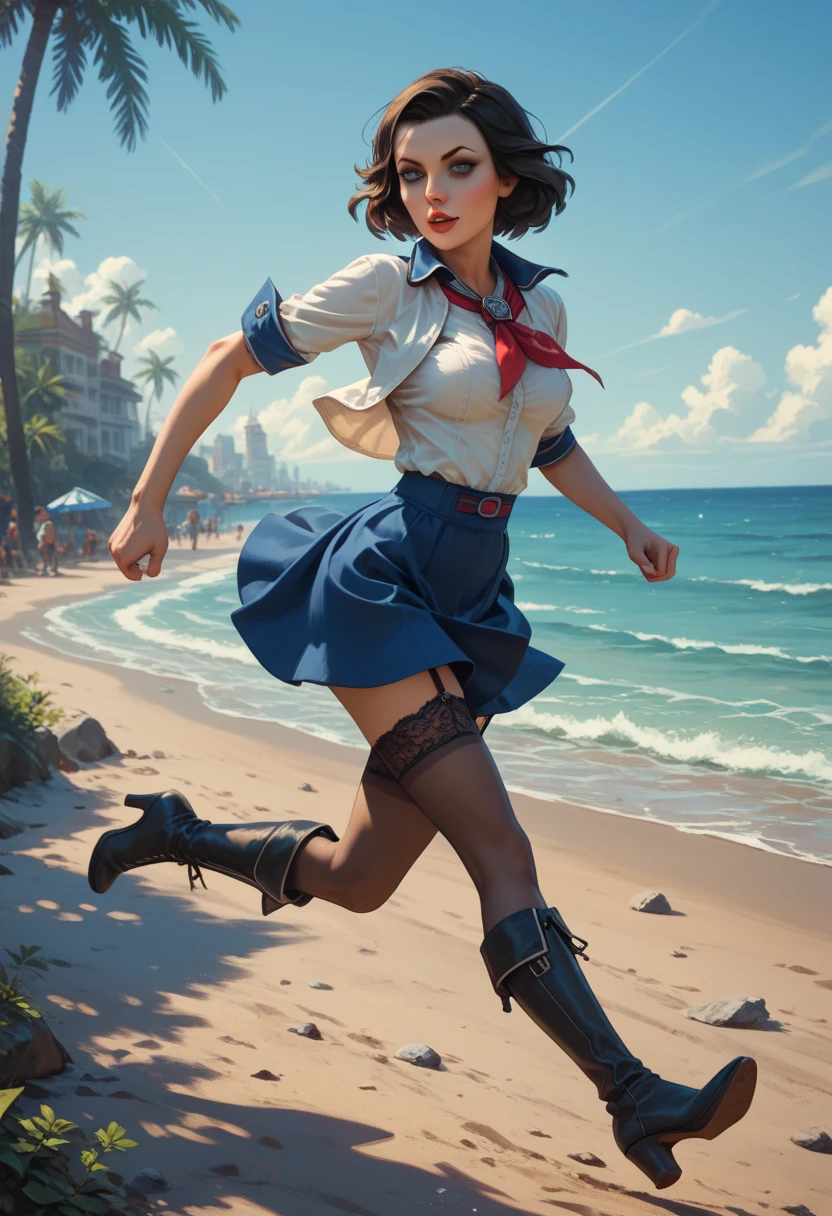 a 1950s female super-hero in an action pose, large breasts, short skirt, narrow waist, wearing tights and a cape, knee-boots, flying through the air with a 1950s small town below, 1950s comic style, popping colors, contrast, detailed realistic cinematic scene, cinematic lighting, dramatic sky with clouds, abandoned vintage car, old-fashioned buildings, neon signs, 1950s era atmosphere, vibrant colors, hyper-realistic, 8k, ultra-detailed