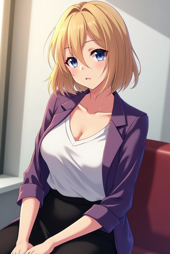 (UHD, retina, masterpiece, accurate, anatomically_correct, textured_skin, super_detail, high_details, high_quality, best_quality, high_res, 1080P, HD, 4K, 8k, 16k), (beautiful_detailed_eyes, beautiful_detailed_lips, extremely_detailed_eyes_and_face), soft_lighting, physically-based_rendering, vivid_colors, (large_breasts:1.5), (shiny_hair, shiny_skin, tanned_skin, blush), (bangs:1.5), eye_reflection, (bokeh), semi-profile_view, smile_and_laugh, (blazer, shirt, businessskirt, bra, sit:1.5),kurapika,blonde huge,bob hair,scarlet eyes,huge breasts,big ass