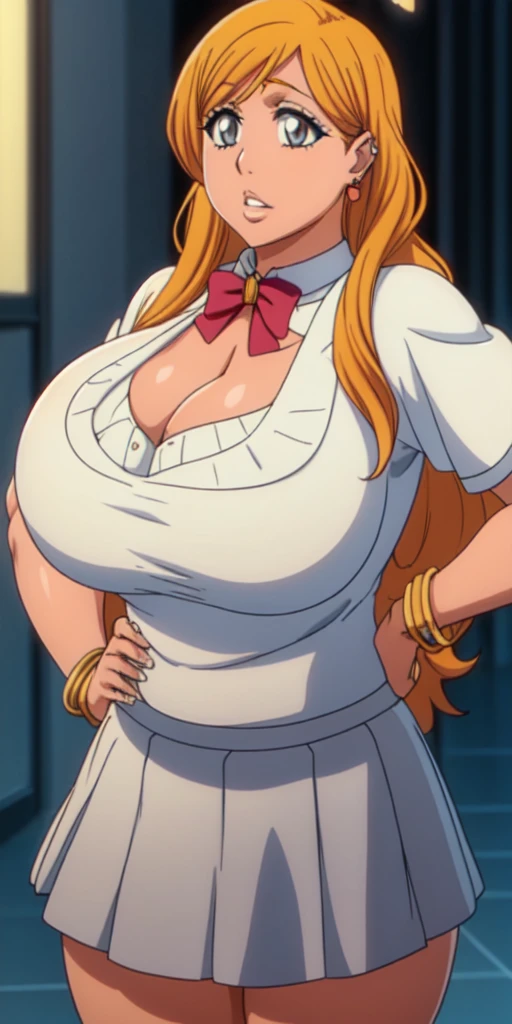 Orihime Inoue,Bleach artstyle,Big breast,Enchanted big breast,Thick lips,((((white school uniform with grey skirt)))),Cleavage,Curvy figure,Plump,Hoopa bracelet,Long nail,Side burn visible,look at viewer,(((bright yellow blond color hair))),((head facing front)),High quality,Highres,Humongous big breast,visible ear,Big cleavage,light blush,((blue Stud earring)),((A lot of piercing)),((black Chocker)),Hyper Detail,((dark colored Skin)),((tanned Gyaru)),Crossing arm,Messy hair,Detailed lips,Colorless lips,unbuttoned plain white shirt,cleavage,mono color hair,((long wavy curly hair)),((Solo)),((1girl)),light blush,(((slicked back hair))),flirty,Enchanted big breast,((Side swept hair)),ease eyebrow,Detailed eyes,Swaying hips,no sweatcalm expression,bored expression,Ease up eyebrow,Flirty attitude,Acting cute,hand in hip,((symetrical bang hair)),Body facing front,Gaze on front,((blunt Hime cut bang hair))