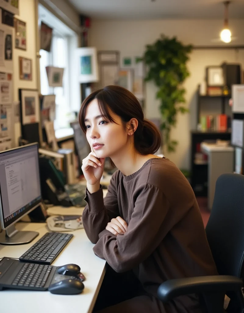 An unparalleled masterpiece of ultra-realistic film photography with minute details. ((Anatomically perfect and accurate body depiction: 1.4)),Photograph of a young woman in a modern office environment. She is of medium build, with light brown skin and hair tied in a neat ponytail. She is wearing a dark brown long sleeve top. The woman is leaning against her desk, with her head resting on her arm, appearing to be asleep or tired.