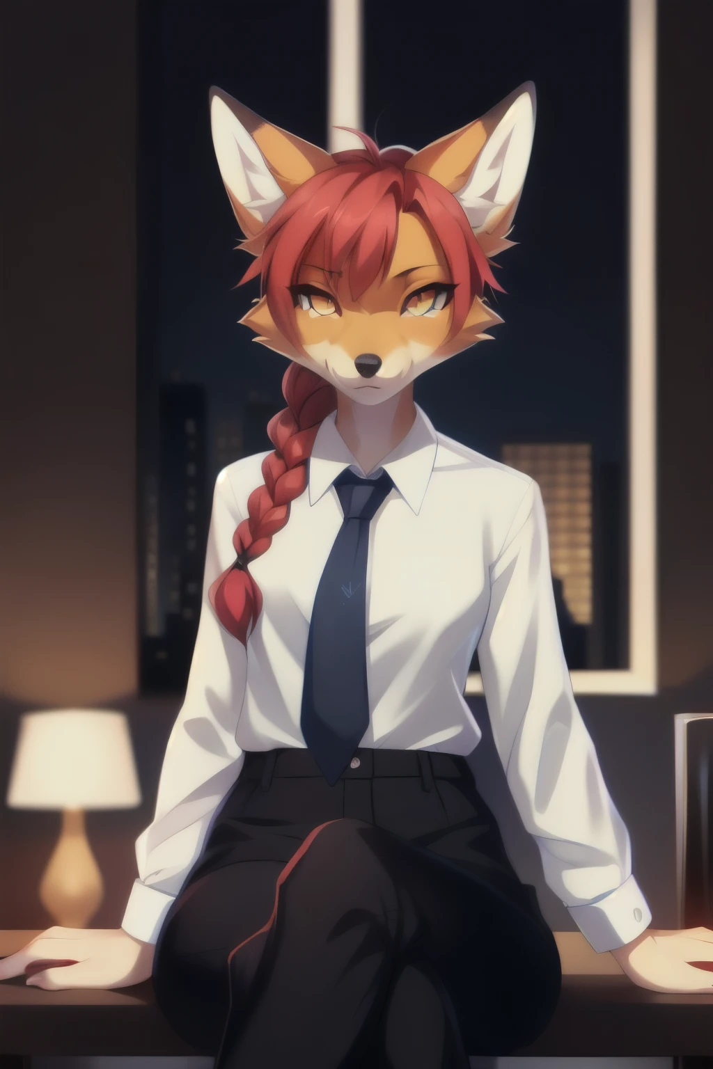 (masterpiece, best quality), 1girl, beautiful face,   makima, shirt, crimson red hair, braid, braided ponytail, glowing yellow eyes, ringed irises, straight bangs, collared shirt, white shirt, black pants, necktie, front view, red fox girl, anthro furry red fox, red fox ears, cute snout, black nose, sitting in an elegant office, legs crossed,  by fumiko, by hyattlen, by hioshiru, 