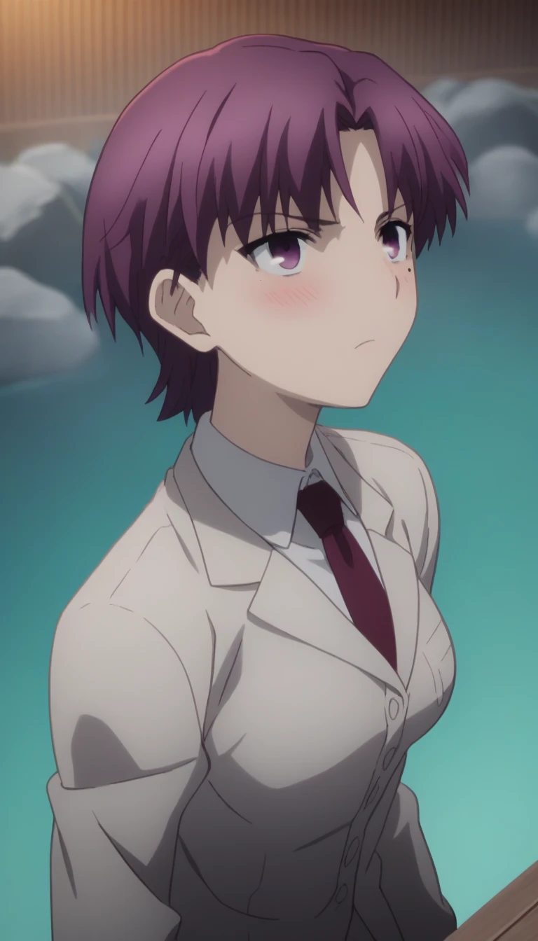 sauce_anime, ambient light,, tall female, 
anime screencap, anime coloring, official style, bazett fraga mcremitz, short hair, (purple eyes:1.1), purple hair, mole, mole under eye, medium breasts, detailed eyes, 
necktie, formal, suit,,
indoor,  hot spring ,  blush, pov ,, 
alone, Dutch Angle, (looking up the sky), Cowboy Shot, , ,   medium breast,  