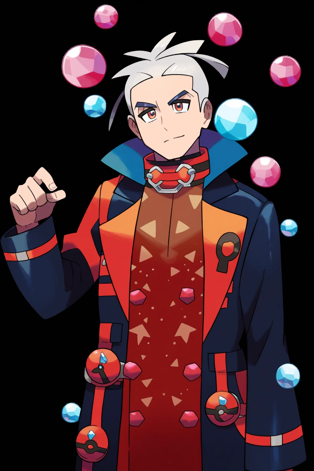 score_9, score_8_up, score_7_up, pokemon pokemon_(anime) pokemon_journeys pokemon_sv pokemon_bw2 1boy long_white_coat_with_geometric_crystal_patterns_along_edges swept_back_silver_hair_with_single_blue_streak distinctive_high_collar_with_meteorite_clasps battle_ready_pose sharp_focus standing detailed_face hyper_detailed