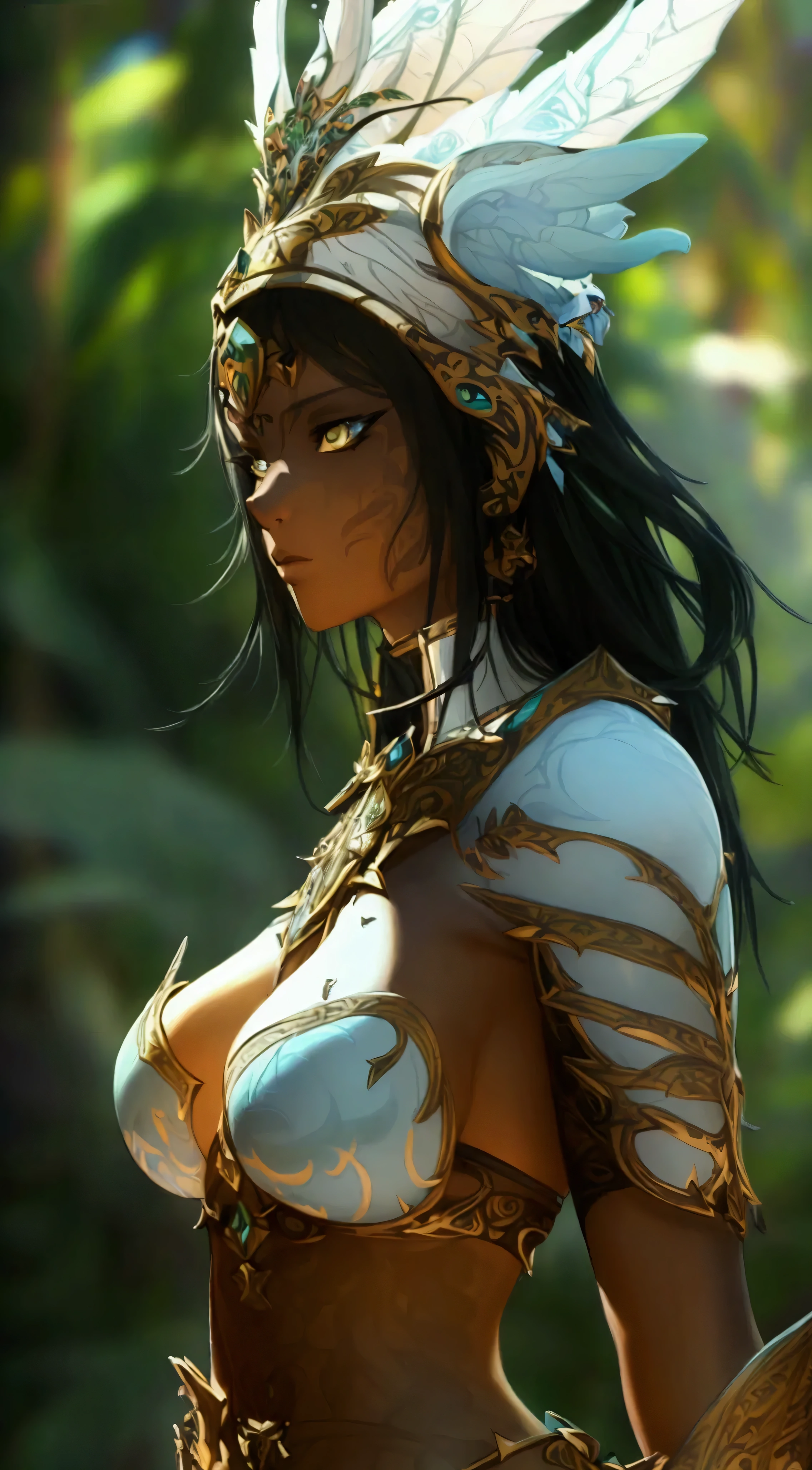 (( top quality)),( super high resolution),( super detailed),( detailed description ),(( best CG )),( Best Artwork ),Ultra-detailed art, Amazing Painted Art ,( Art with Exquisite Details :1.5), Dark-skinned Female Warrior , Amazoness, Highly Exposed Scalelight Armor,  wing circlet, White blade, brave and brave ,  Full Body Tattoos , 　dense tropical forest 