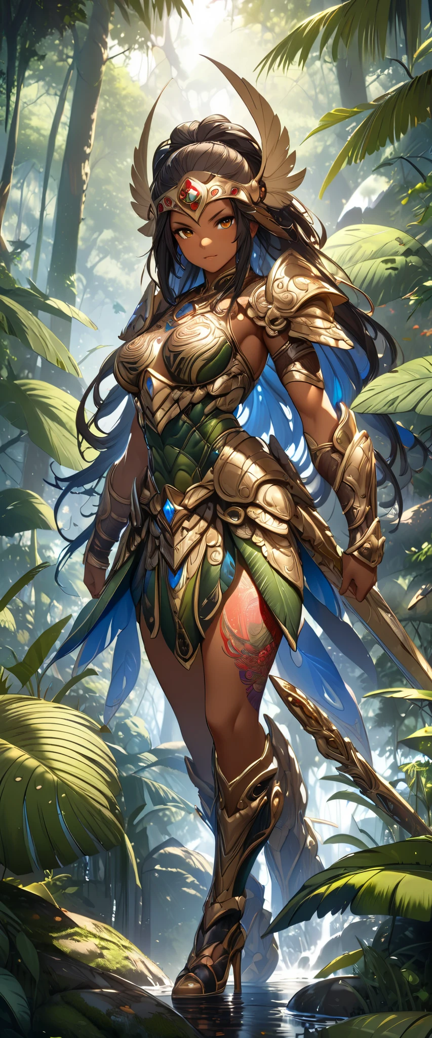 garuda, scuffed helmet with long hair flowing from back, sash around waist, damage ripped armor open exposing small breasts and partially visible belly, Sitting against tree legs spread with ripped leggings exposing bare thighs and hairy pubes, looking directly at viewer, solo, dense cannabis sativa forest background, plentiful stars in sky, warframe, (insanely detailed, masterpiece, best quality)