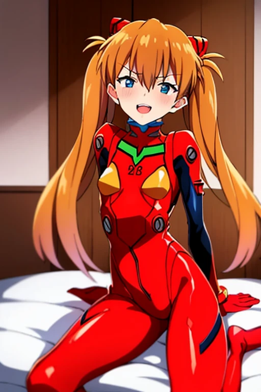 (( top quality)), ((masterpiece)), (be familiar with),  perfect face, indoor, bedroom,  watching viewers,
One woman,  Soryu Asuka Langley,
 open mouth,  with an ecstatic expression , blush, smile,
 small tits,  flat chested, Young girl, Lori,  s,  girl,
 long hair,  twin tails,
Leg spread,