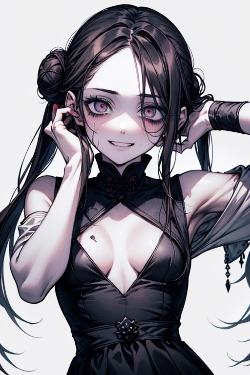 Top quality, (background details), beautiful line drawing, monochrome drawing, black and white drawing, high contrast, very beautiful girl, detailed original illustration, Chinese style, Chinese clothes, red under eye color, dark circles under eyes, hair in a bun, black hair, horrible atmosphere, double teeth, devilish smile, crazy eyes, sensual, delicate face, high contrast Charm, bad girl, sexy, small breasts, small height, real breasts, close-up of head, black background, (black background: 1. 5)