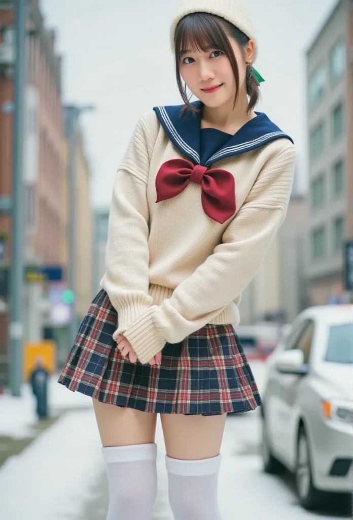  Girl on a Snowy City Street , white knitted hat,sailor sweater with red bow tie,White leggings, gloves, plaid pleated skirt,18 years old,bangs, Little Smiles ,Thighs,Knee, short hair , ponytail, from below, Knee High Socks 
