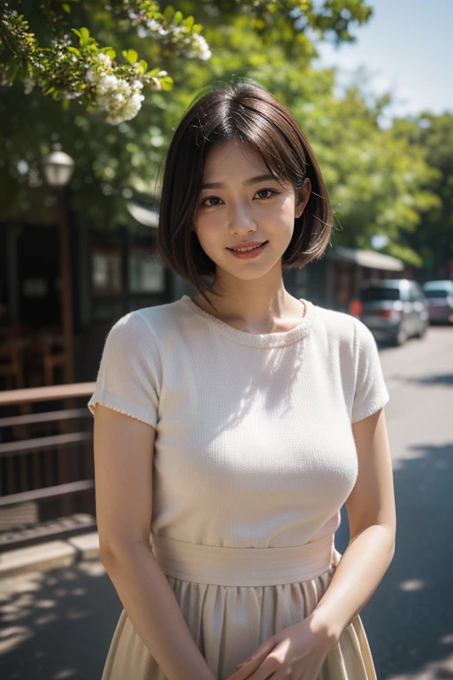 (highest quality, 8k, 32k, masterpiece, Ultra-high resolution:1.2),Beautiful Japanese Women Photos, , Very short bob hair,whole body,Blue sweater, necklace, Simple Background,  View your audience,smile、（Italy:1.2）、（Rome:1.5）、（Spanish Steps:1.4）、（Illuminated by the morning sun：1.4）