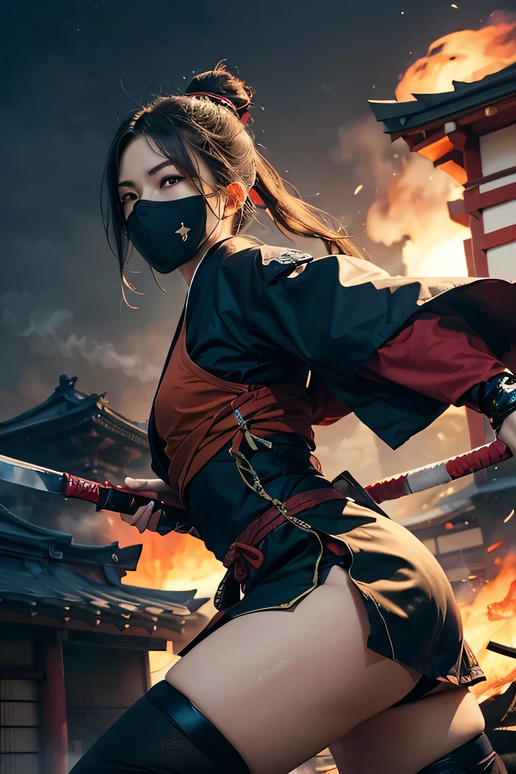 ((very sharp photo result & detailed face)) (((textile shading))), (((Best Quality))), (((masterpiece))), (((hyper realistic photo))) low angle camera shoot, fierce Japanese girl martial arts battle, short skirt satin kimono with dragon motif, big breast, red lace bra shown from opened kimono, cleavage shown, upskirts, she is very sweating, moist face facial pore detail exposed, dynamic action pose, (high-flying kick from above, she is kicking 2 ninja opponents) intense combat, surround by full weapon ninjas, very choreographic & energetic, detailed face, action-packed, dramatic shadow and light