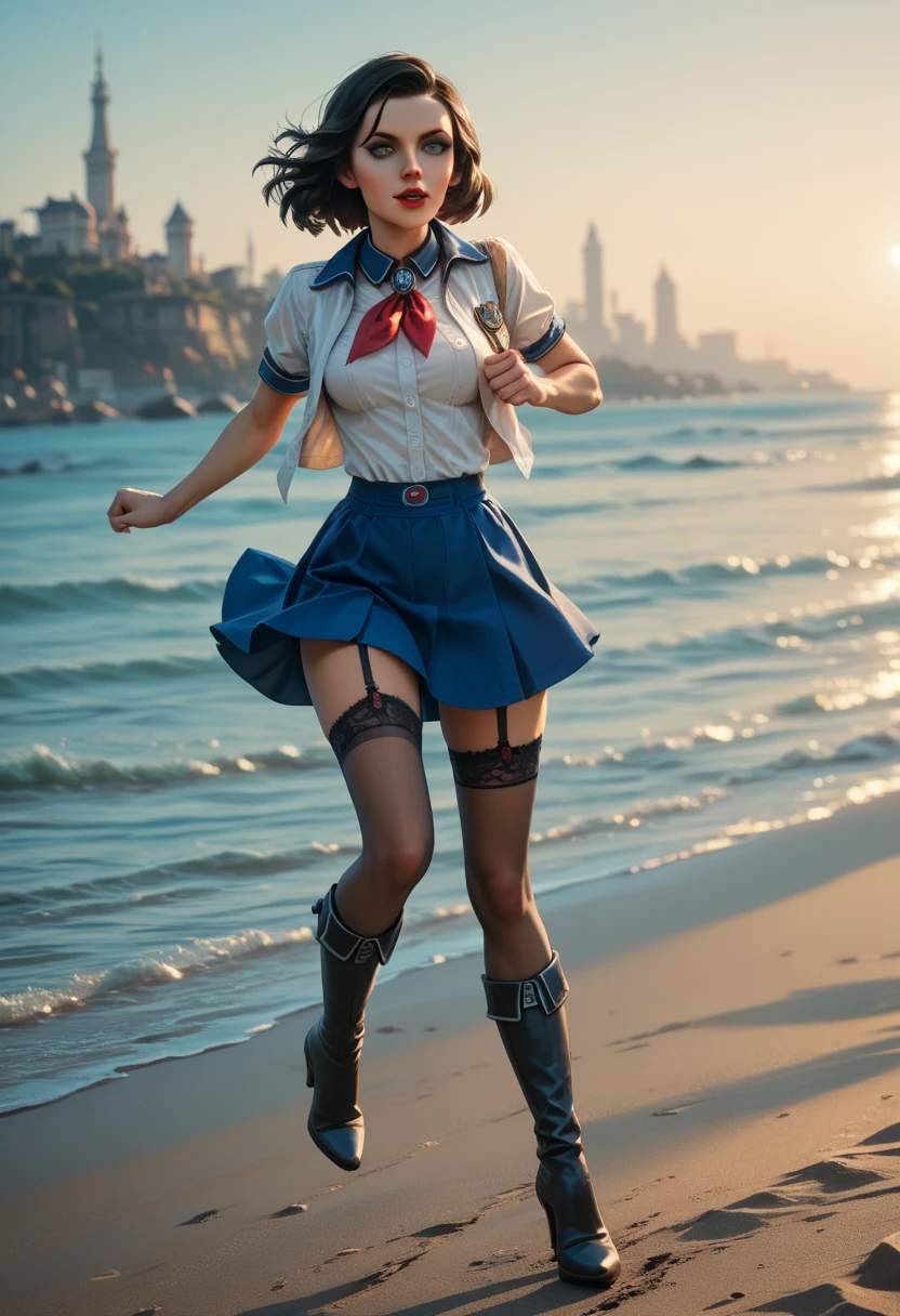 Realistic, Elizabeth Comstock from "Bioshock Infinite", Shirt, Neckerchief, Skirt, Boots, Open clothes, Miniskirt, Garter straps, Thighhighs, low-heeled boots, ((running)), indoor artifical beach background, detailed eyes 