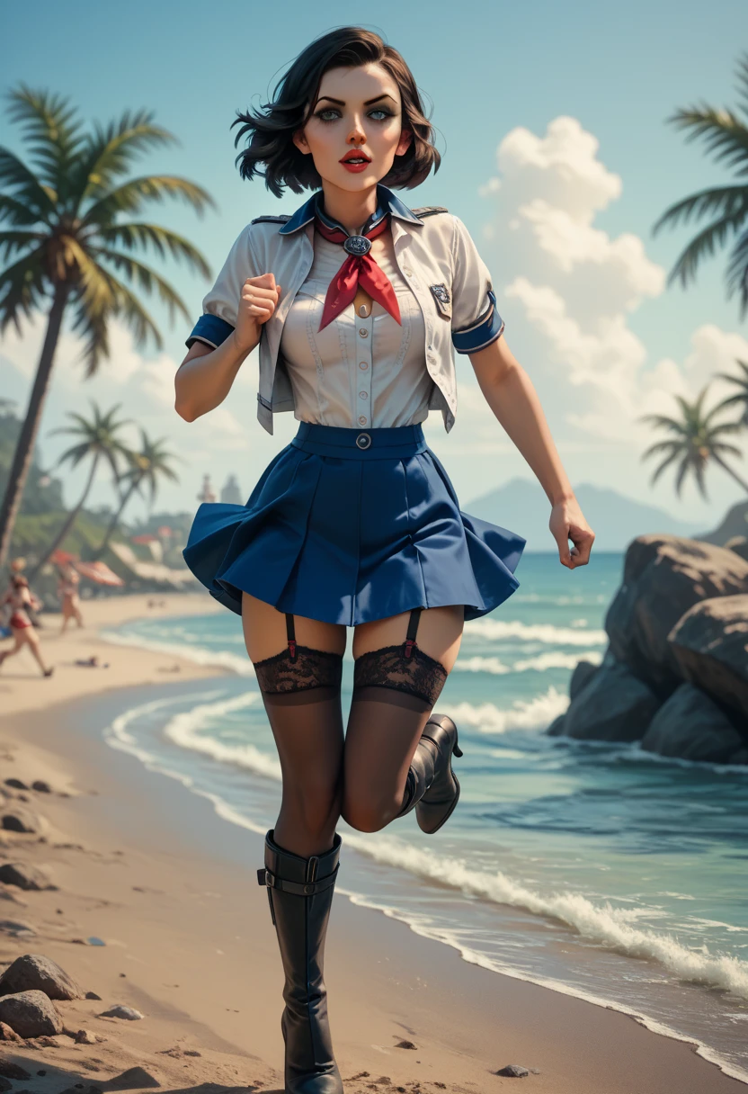 Realistic, Elizabeth Comstock from "Bioshock Infinite", Shirt, Neckerchief, Skirt, Boots, Open clothes, Miniskirt, Garter straps, Thighhighs, low-heeled boots, ((running)), indoor artifical beach background, detailed eyes 