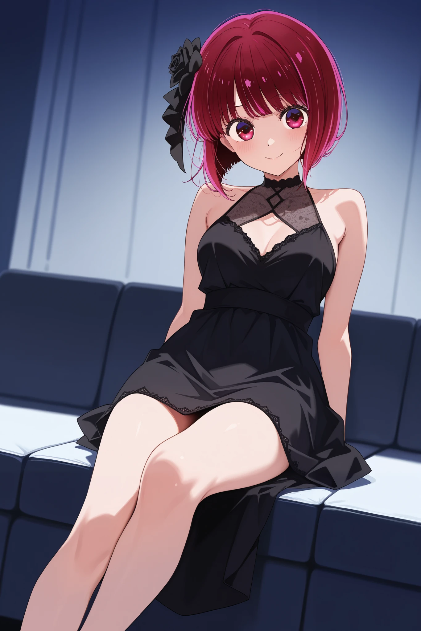 1girl, solo, high detailed, high quality, kana arima, black dress, sexy legs, smile
