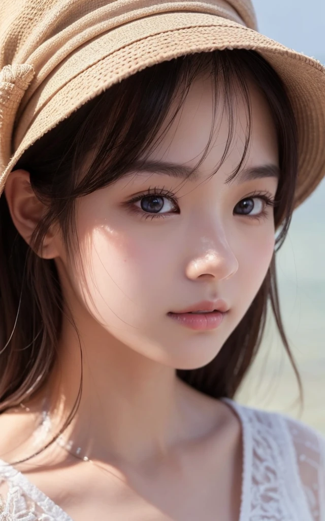 masutepiece, Best Quality, Illustration, Ultra-detailed, finely detail, hight resolution, 8K Wallpaper, Perfect dynamic composition, Beautiful detailed eyes , the beach, y face,slender face