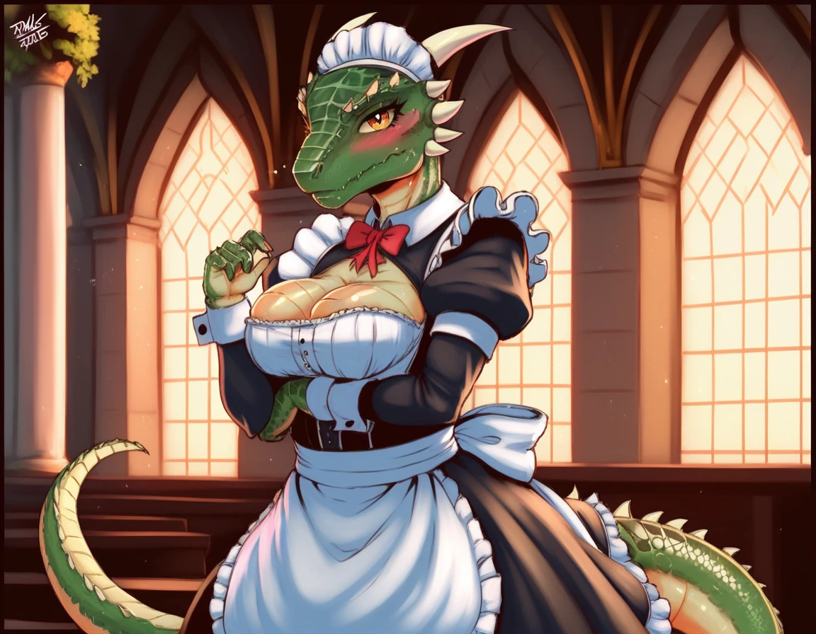 Argonian, female, standing, tits, pussy, by bebebebebe, village, maid clothes showing tits and pussy, close view, front view