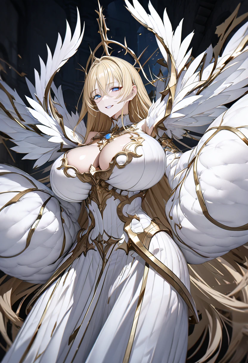 最 High Quality , 8k,  high definition ,  High Quality ,   Masterpiece , beautiful, { Anatomically Correct }, Mature Woman, 1girl, Blonde, wavy long hair, Light blue eyes,  centred bangs, beautiful sagging breasts, , small, gleaming skin, white angel clothes ,  angel ring above head, Ready for battle,  dungeons,  devilish smile,  above the knee, skinny, 