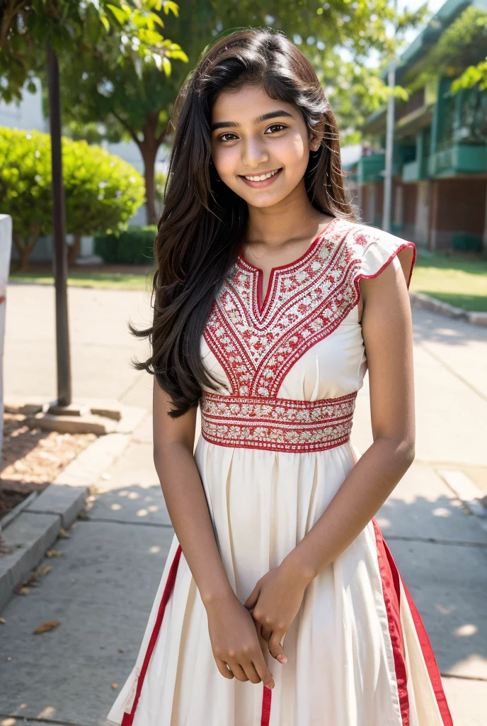 A indian  18 year old girl in school dress and smile face dress red and white real 