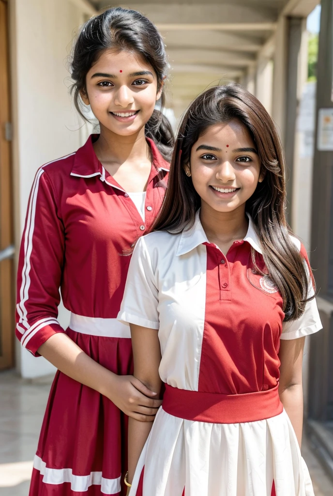 A indian  18 year old girl in school dress and smile face dress red and white real 