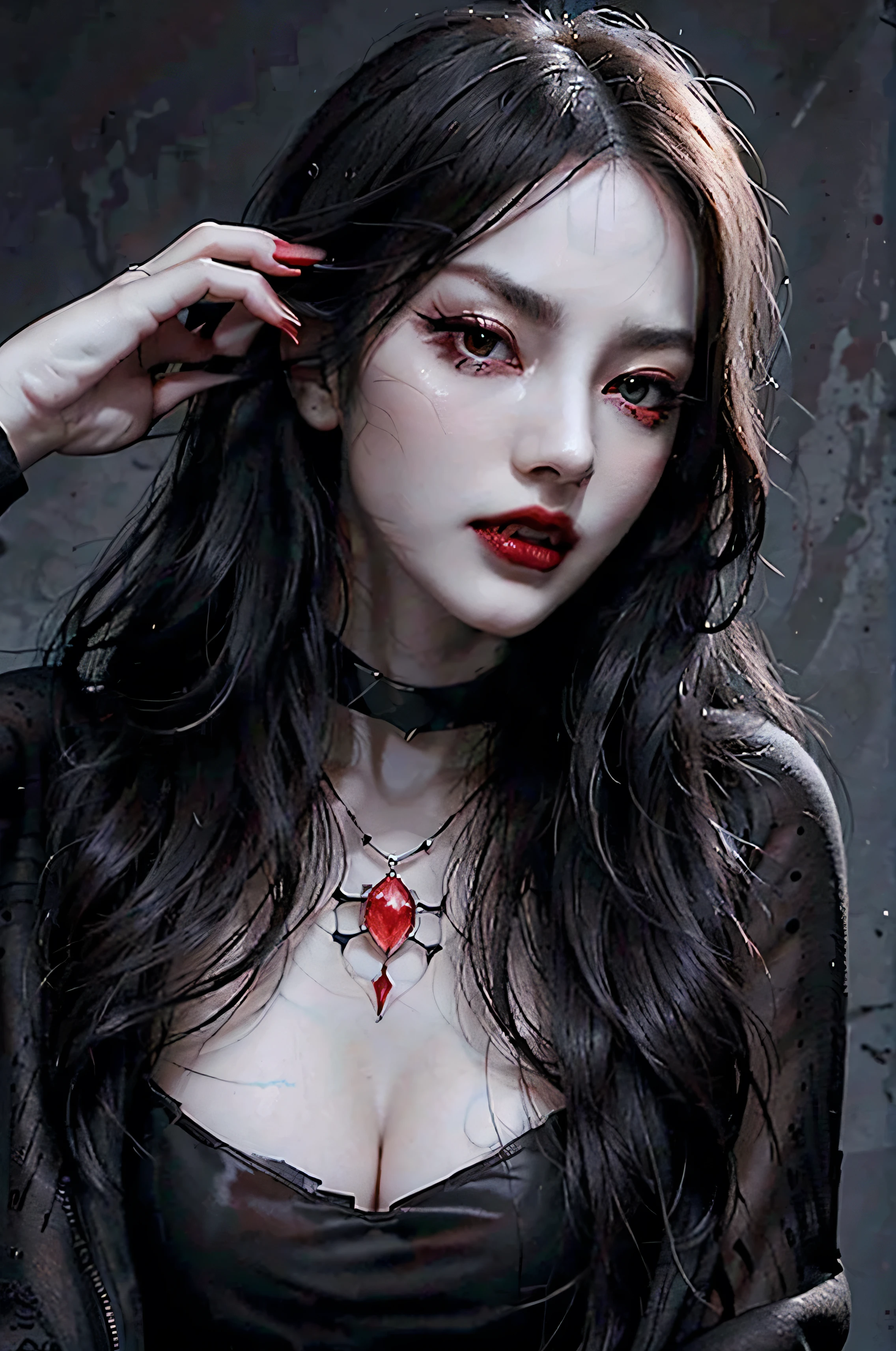 Cool, world-weary face, 1 girl, gang boss, gangster, female, long straight black hair, red lips, beauty, gang, guns, beautiful clothes, beautiful jewelry, handsome makeup, 🖤🕶️🚔, Exquisite tattoos, blunt bangs,The coldness that has killed people,handcuffs,medium full shot,Heavy makeup and polishingheavy makeup red lips angry fierce glare cold blood cold blood, heavy makeup,red lips,angry,fierce,glare cold blood