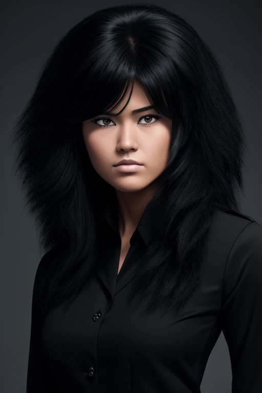 most very jet black hair,most very long hair,long wolf cut hairstyle,most very lion hair,most very wolf hair,most very frizzy hair,coarse hair,most very spread hairstyle,thick hair,fluffy hair,most very heavy weight hair,high ponytail hairstyle,heavy looking hairstyle,most very voluminous hair,shiny jet black hair,woman's hair is covering all right eye,female jail officer,black uniform,a heavy-looking uniform,black pants,tall woman,1 Japanese woman,woman's height 2.3m,most very strong face,most very angry face,black eyes,very close-up to face,most very muscle body,most very beautiful face,show more hair,high resolution,green background