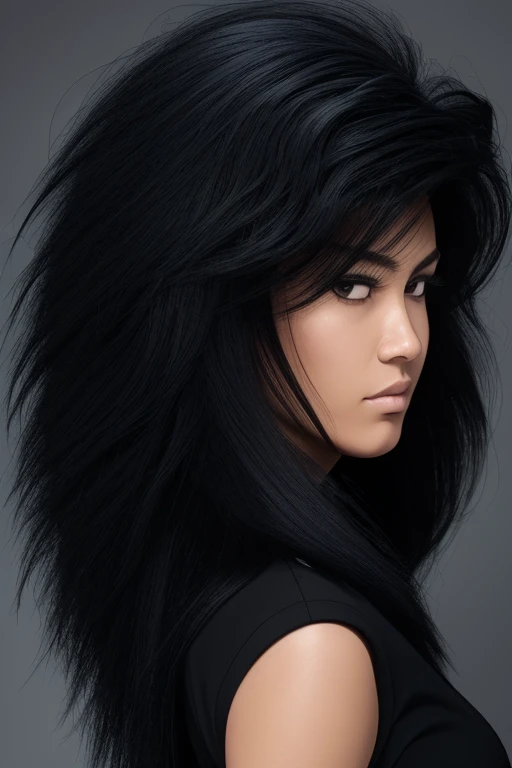 most very jet black hair,most very long hair,long wolf cut hairstyle,most very lion hair,most very wolf hair,most very frizzy hair,coarse hair,most very spread hairstyle,thick hair,fluffy hair,most very heavy weight hair,high ponytail hairstyle,heavy looking hairstyle,most very voluminous hair,shiny jet black hair,woman's hair is covering all right eye,female jail officer,black uniform,a heavy-looking uniform,black pants,tall woman,1 Japanese woman,woman's height 2.3m,most very strong face,most very angry face,black eyes,very close-up to face,most very muscle body,most very beautiful face,show more hair,high resolution,green background