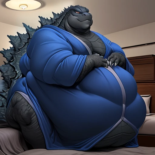 (solo:1.5) A fat elder muscular godzilla, (cocky attitude:1.65), (tight blue robe:1.4), (morbidly obese:1.4), (his body is growing heavier and fatter:1.65), (sitting:1.5), (godzilla is in a bedroom:1.75), (full shot:1.3), 8k, 1080P, masterpiece,