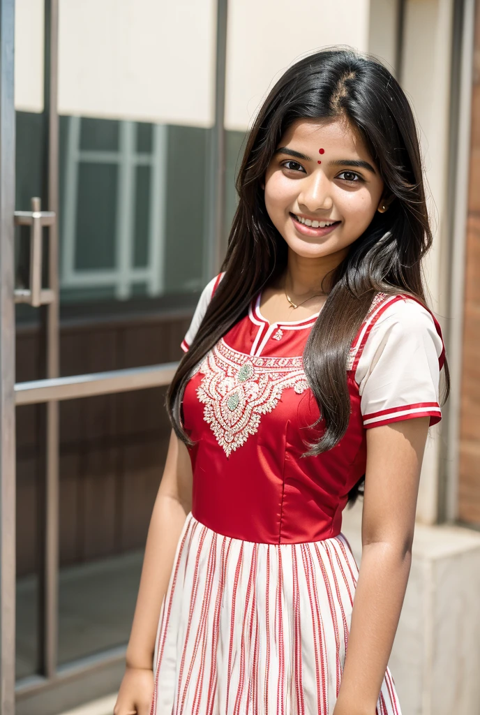 A indian  18 year old girl in school dress and smile face dress red and white real 