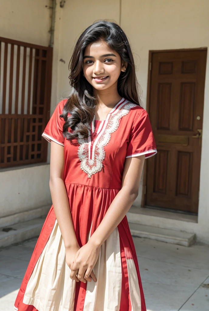 A indian  18 year old girl in school dress and smile face dress red and white real 