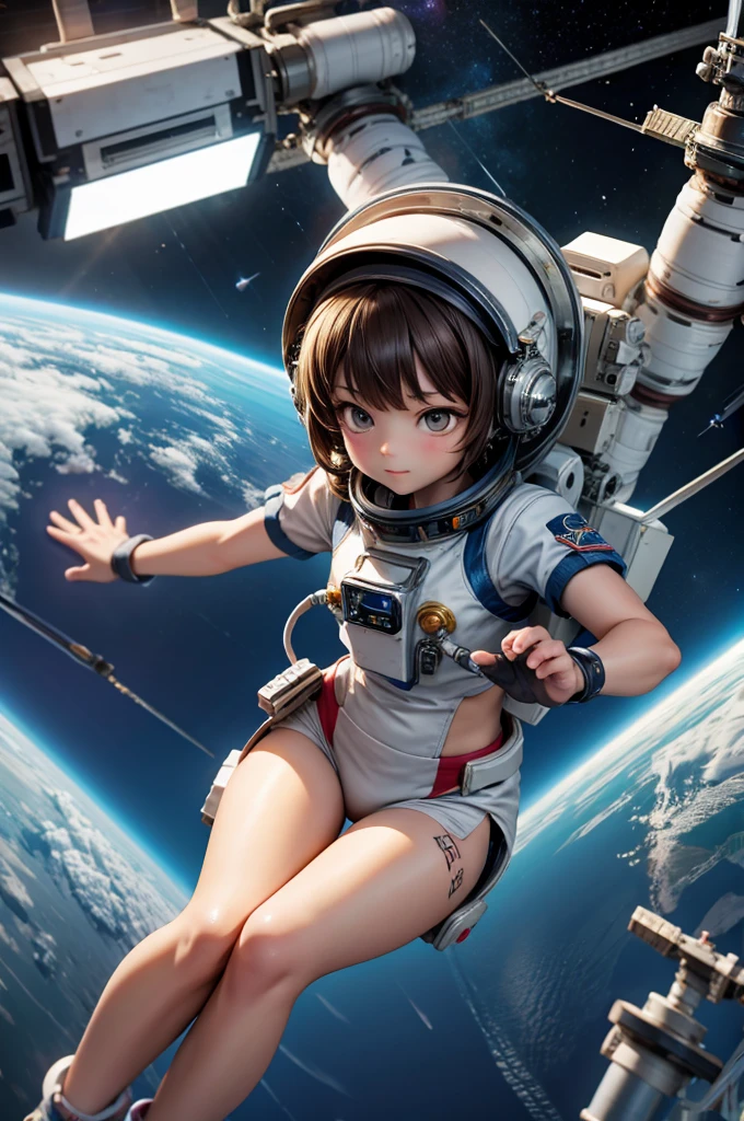 Absurd resolution, high resolution, (masterpiece:1.4), ultra-detailed, 1girl, in spacesuit, seen from above, space, floating, satellite, running pose, wide-angle lens distortion